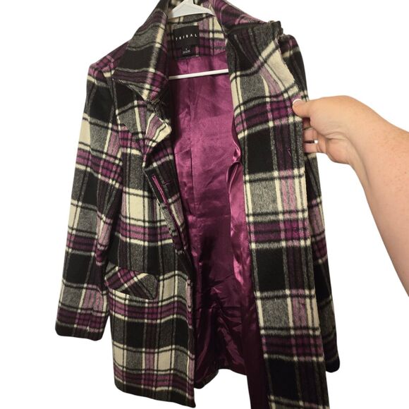 Tribal Plaid Wool Blend Pea Coat Sz 6 Purple Womens Button Up & Satin Lining New - Picture 3 of 15